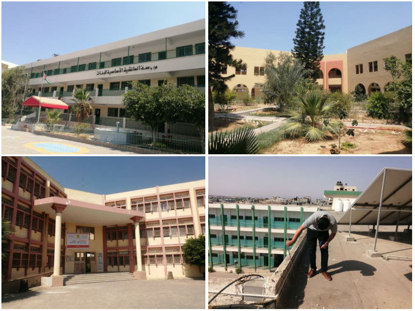 Collage of Gaza school buildings and a rooftop site inspection for the solar energy systems environmental review