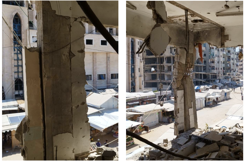 Damage to two reinforced concrete columns in the PMRS building